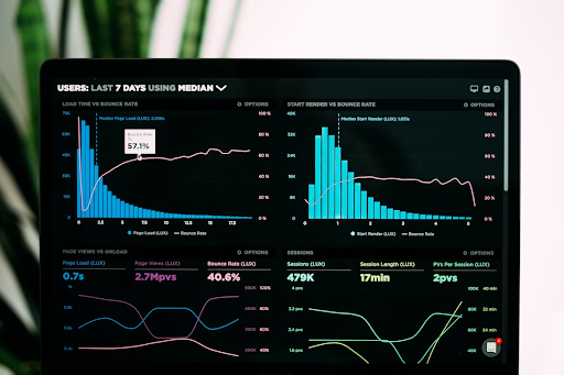 graphs on laptop screen; technical audit