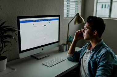 man in blue denim jacket facing turned on monitor