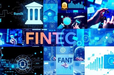 Collage of fintech themes and modern banking visuals.