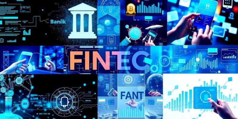 Collage of fintech themes and modern banking visuals.