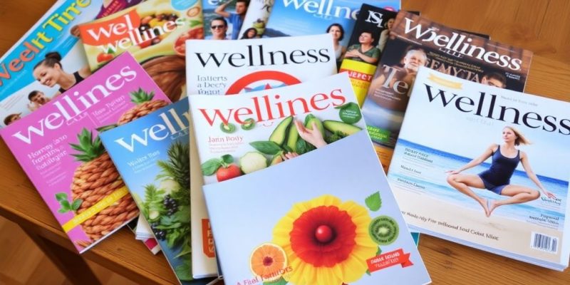 Collection of wellness magazines on a wooden table.