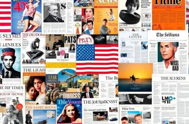 Collage of iconic US publication imagery and magazine covers.