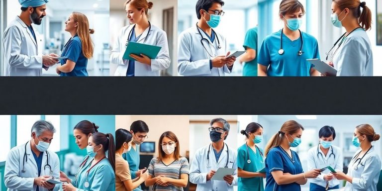 Collage of healthcare professionals caring for patients.