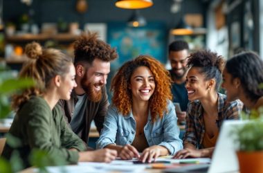 Diverse entrepreneurs collaborating in a modern workspace.