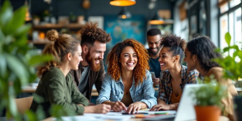 Diverse entrepreneurs collaborating in a modern workspace.