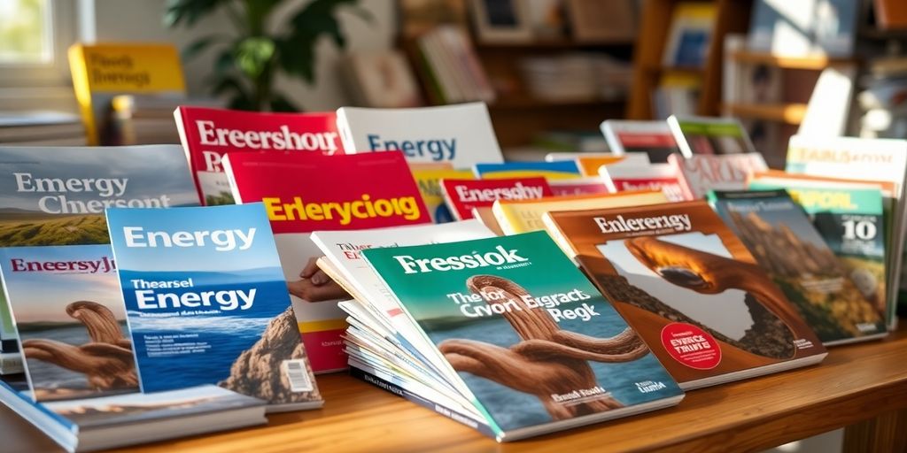 Stack of energy publications on a wooden table.