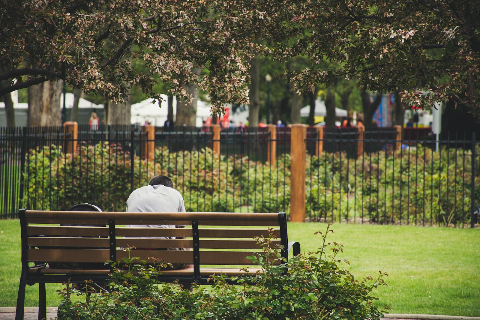 man sitting alone park bench