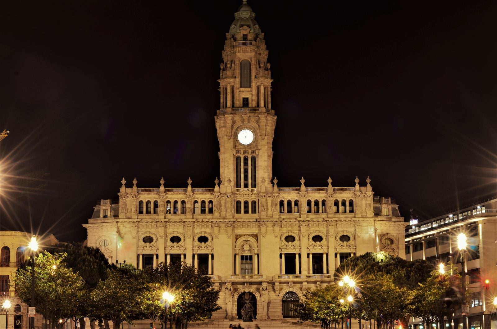 City hall building illuminated at night