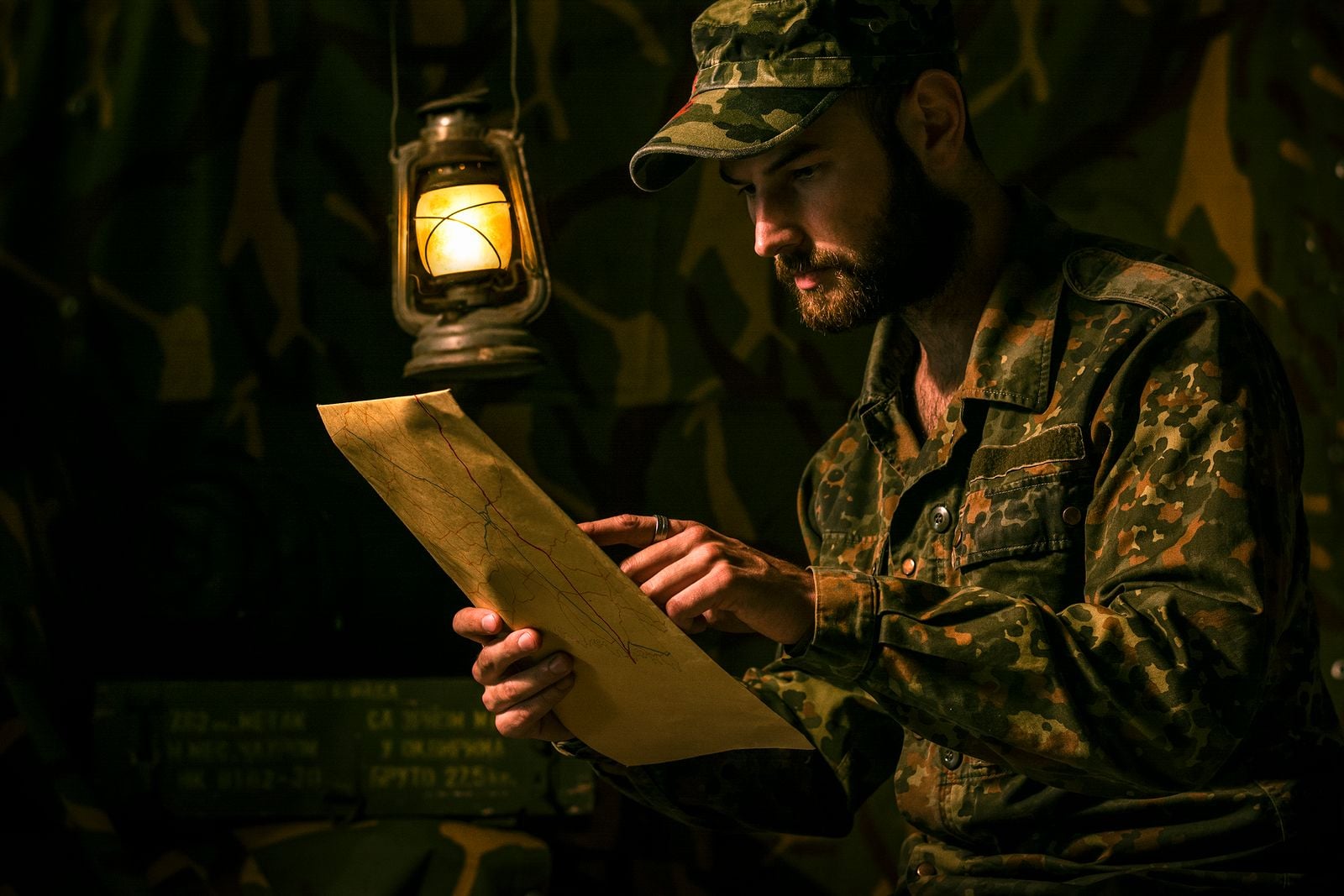 Soldier studying a map by lantern light