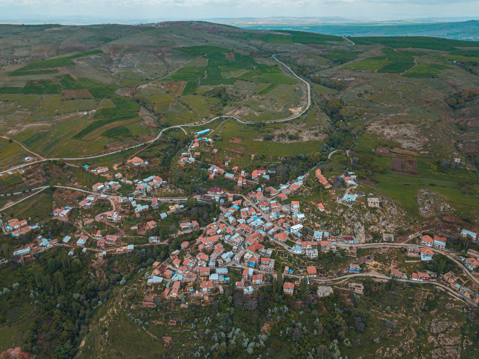 Aerial view of a hillside town