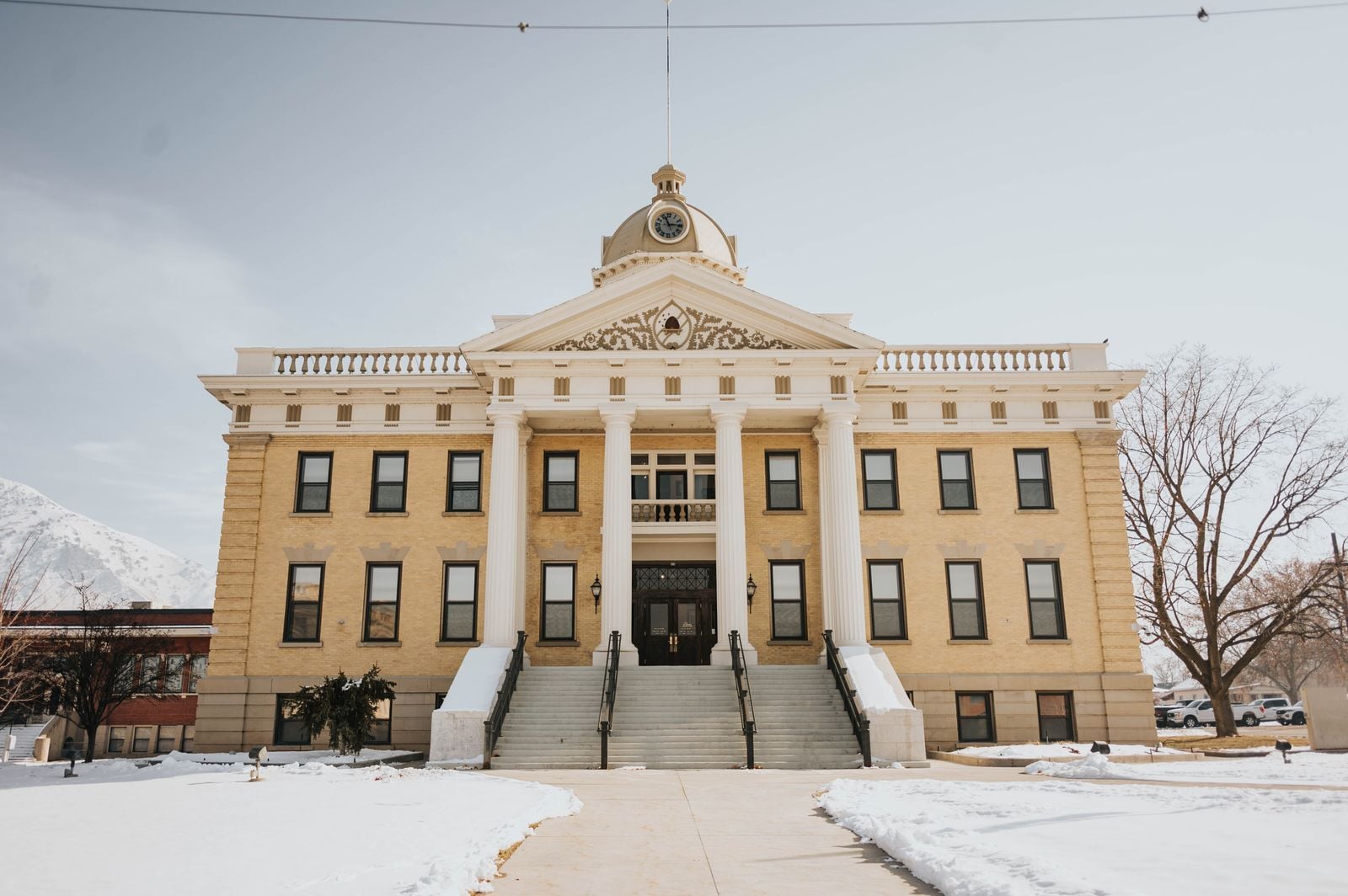 Snow-covered courthouse building in Brigham City, Utah