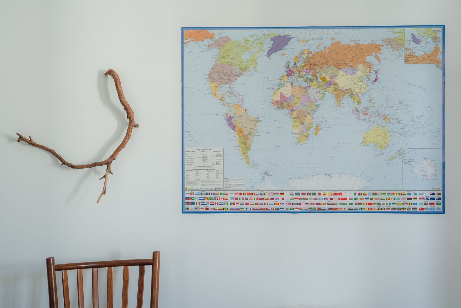 Decorative world map displayed on an interior wall